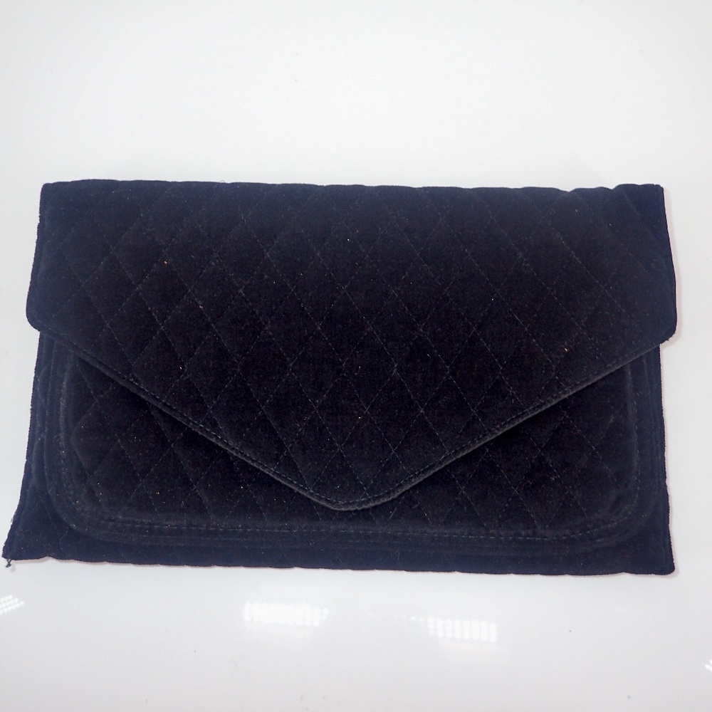 Black Velvet Clutch Bag Quilted Waffle Lightweight Hook & Loop Closure 12 x 7"